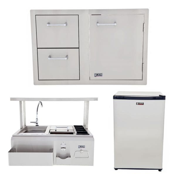 Bar Center with Top Shelf and Door and Drawer Combination and Refrigerator